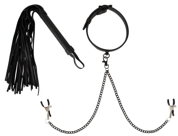 3-teiliges BDSM Set mit Halsfessel, Nippelklemmen und Peitsche Vegan Fetish Schw...