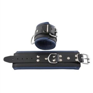 Lederfessel Handgelenk schwarz gefüttert blau